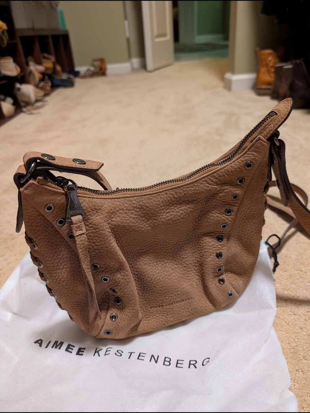 Aimee Kestenberg Pebbled Tan Leather Eyelet Crossbody